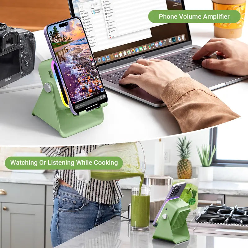 5-in-1 Wireless Charging Speaker Stand with 3500mAh Power Bank, 360° Adjustable Phone & Tablet Holder, Ambient Light for Home & Office