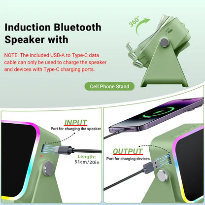 5-in-1 Wireless Charging Speaker Stand with 3500mAh Power Bank, 360° Adjustable Phone & Tablet Holder, Ambient Light for Home & Office