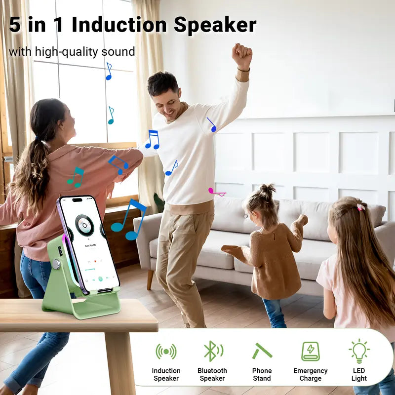 5-in-1 Wireless Charging Speaker Stand with 3500mAh Power Bank, 360° Adjustable Phone & Tablet Holder, Ambient Light for Home & Office