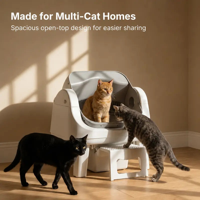 Automatic Self-Cleaning Cat Litter Box – Open-Top Design with Easy-Entry Front Step, Triple Safety Protection & Hands-Free Cleaning, No App Required