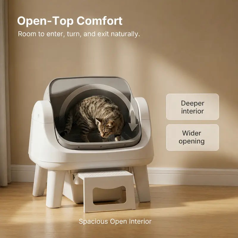 Automatic Self-Cleaning Cat Litter Box – Open-Top Design with Easy-Entry Front Step, Triple Safety Protection & Hands-Free Cleaning, No App Required