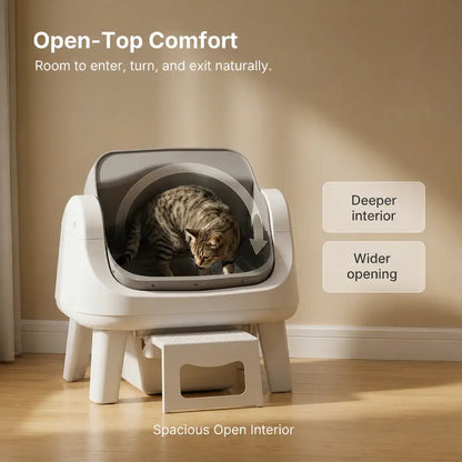 Automatic Self-Cleaning Cat Litter Box – Open-Top Design with Easy-Entry Front Step, Triple Safety Protection & Hands-Free Cleaning, No App Required