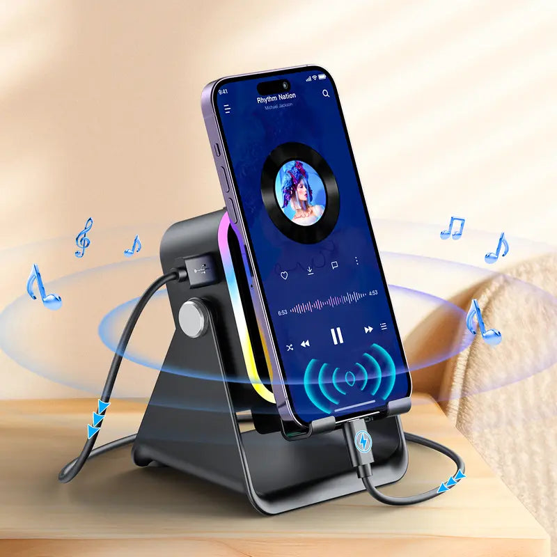 5-in-1 Wireless Charging Speaker Stand with 3500mAh Power Bank, 360° Adjustable Phone & Tablet Holder, Ambient Light for Home & Office