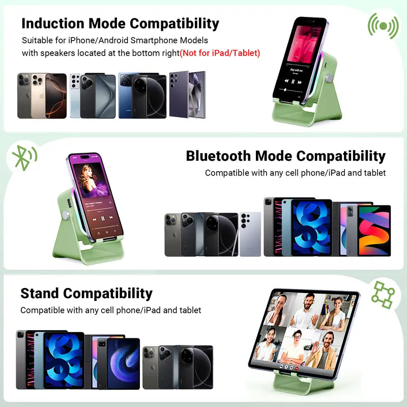 5-in-1 Wireless Charging Speaker Stand with 3500mAh Power Bank, 360° Adjustable Phone & Tablet Holder, Ambient Light for Home & Office
