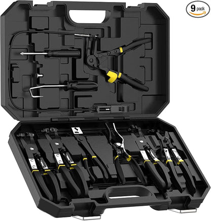 9-Piece Hose Clamp Pliers Set, Long Reach Automotive Hose Clamp Tool Kit with Flexible Wire & Flat Band Pliers for Coolant Radiator and Water Hose Repair