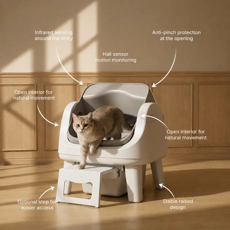 Automatic Self-Cleaning Cat Litter Box – Open-Top Design with Easy-Entry Front Step, Triple Safety Protection & Hands-Free Cleaning, No App Required