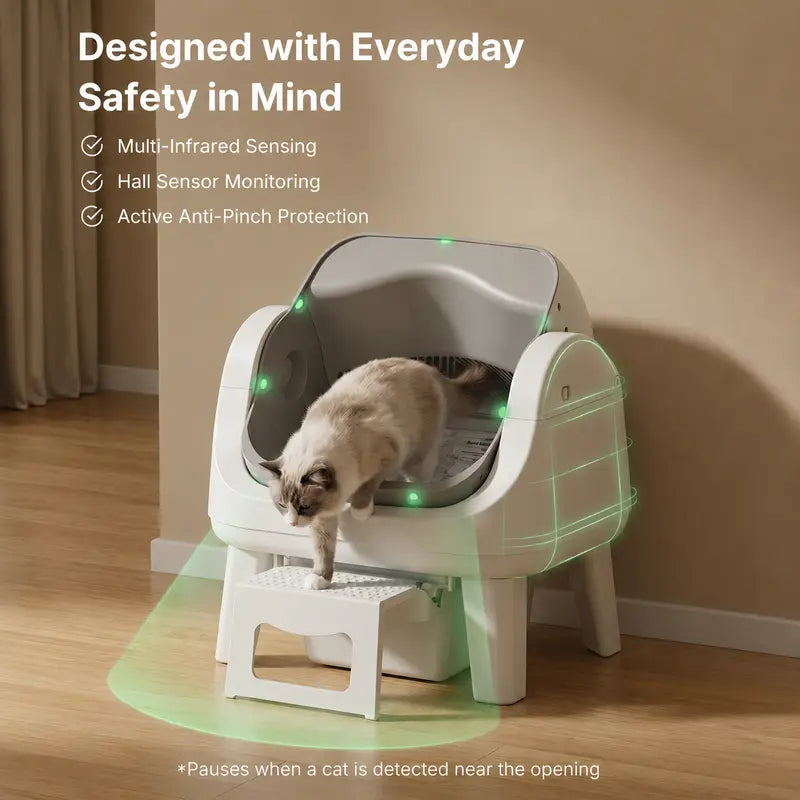 Automatic Self-Cleaning Cat Litter Box – Open-Top Design with Easy-Entry Front Step, Triple Safety Protection & Hands-Free Cleaning, No App Required