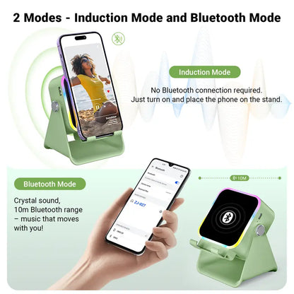 5-in-1 Wireless Charging Speaker Stand with 3500mAh Power Bank, 360° Adjustable Phone & Tablet Holder, Ambient Light for Home & Office