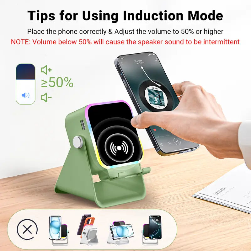 5-in-1 Wireless Charging Speaker Stand with 3500mAh Power Bank, 360° Adjustable Phone & Tablet Holder, Ambient Light for Home & Office
