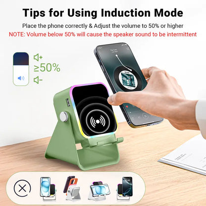 5-in-1 Wireless Charging Speaker Stand with 3500mAh Power Bank, 360° Adjustable Phone & Tablet Holder, Ambient Light for Home & Office