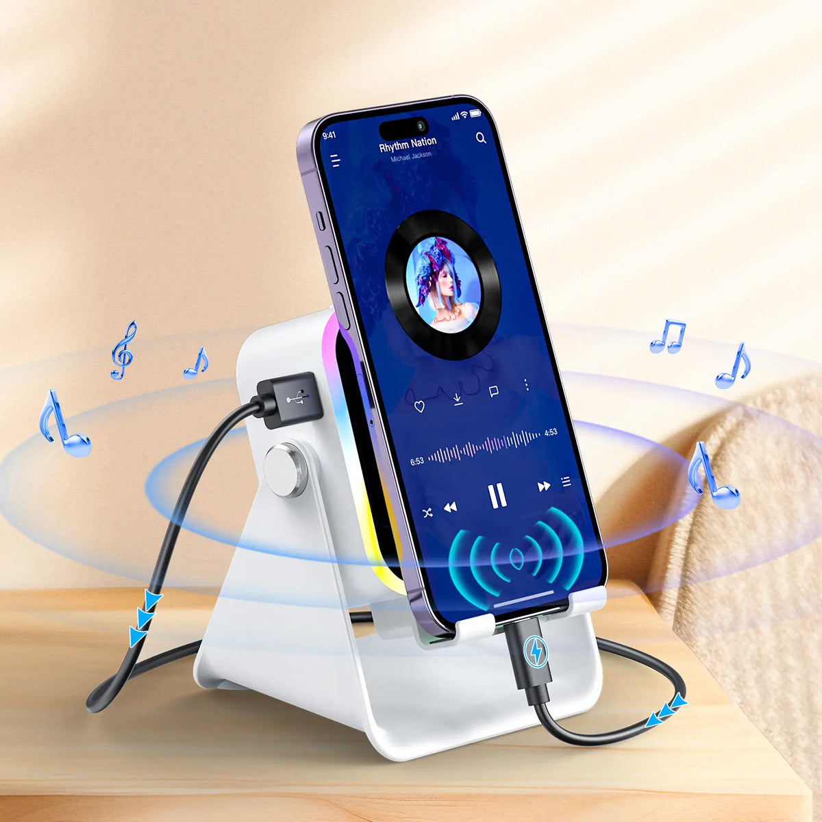 5-in-1 Wireless Charging Speaker Stand with 3500mAh Power Bank, 360° Adjustable Phone & Tablet Holder, Ambient Light for Home & Office