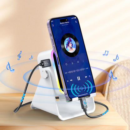 5-in-1 Wireless Charging Speaker Stand with 3500mAh Power Bank, 360° Adjustable Phone & Tablet Holder, Ambient Light for Home & Office